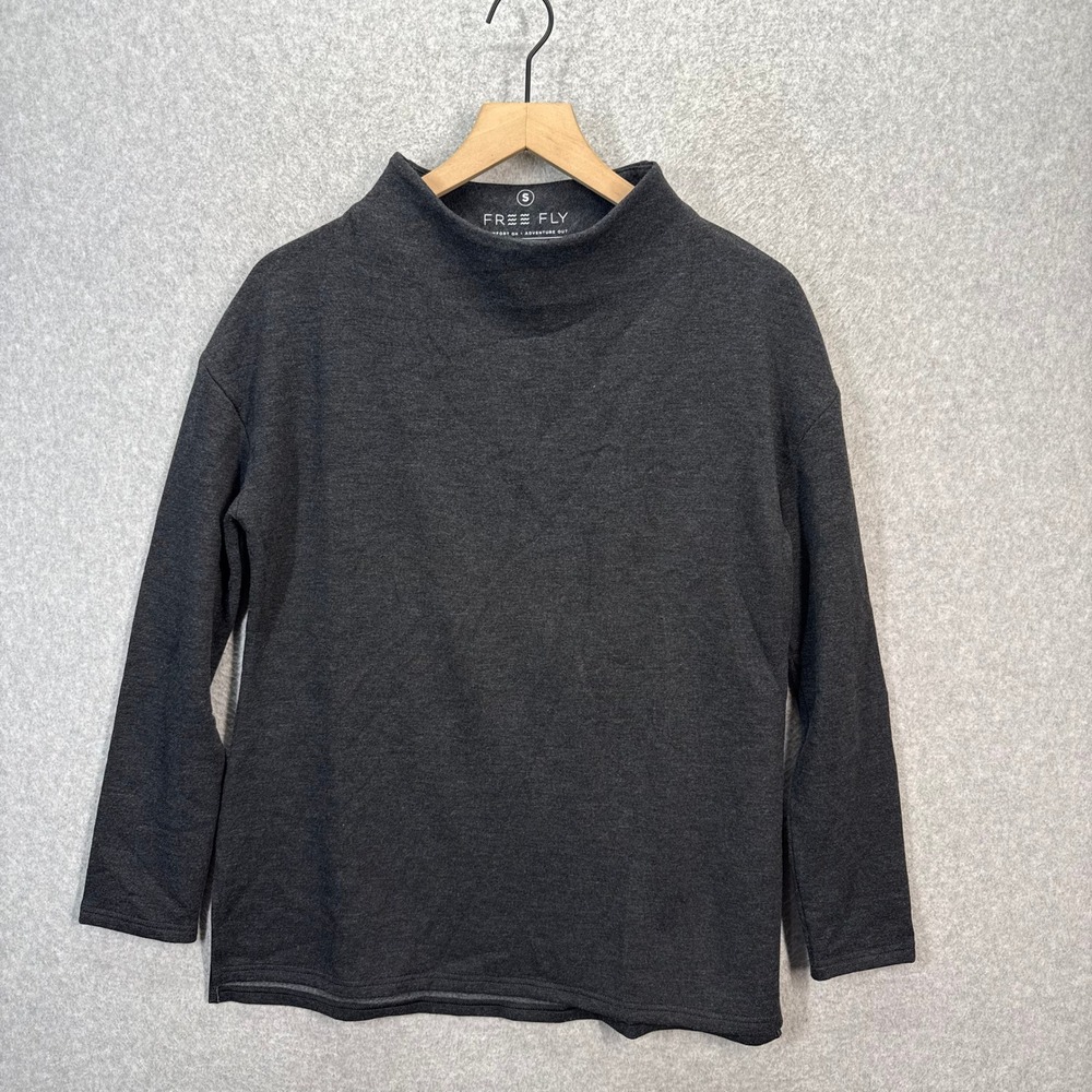 Free Fly Womens S Thermal Fleece Bamboo Mock Neck‎ Long Sleeve Top Heather Black